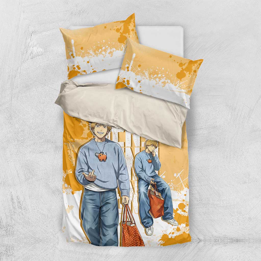 Denji Chainsaw Man Urban Drip Bedding Set Streetwear Anime Vibes in Orange Tones