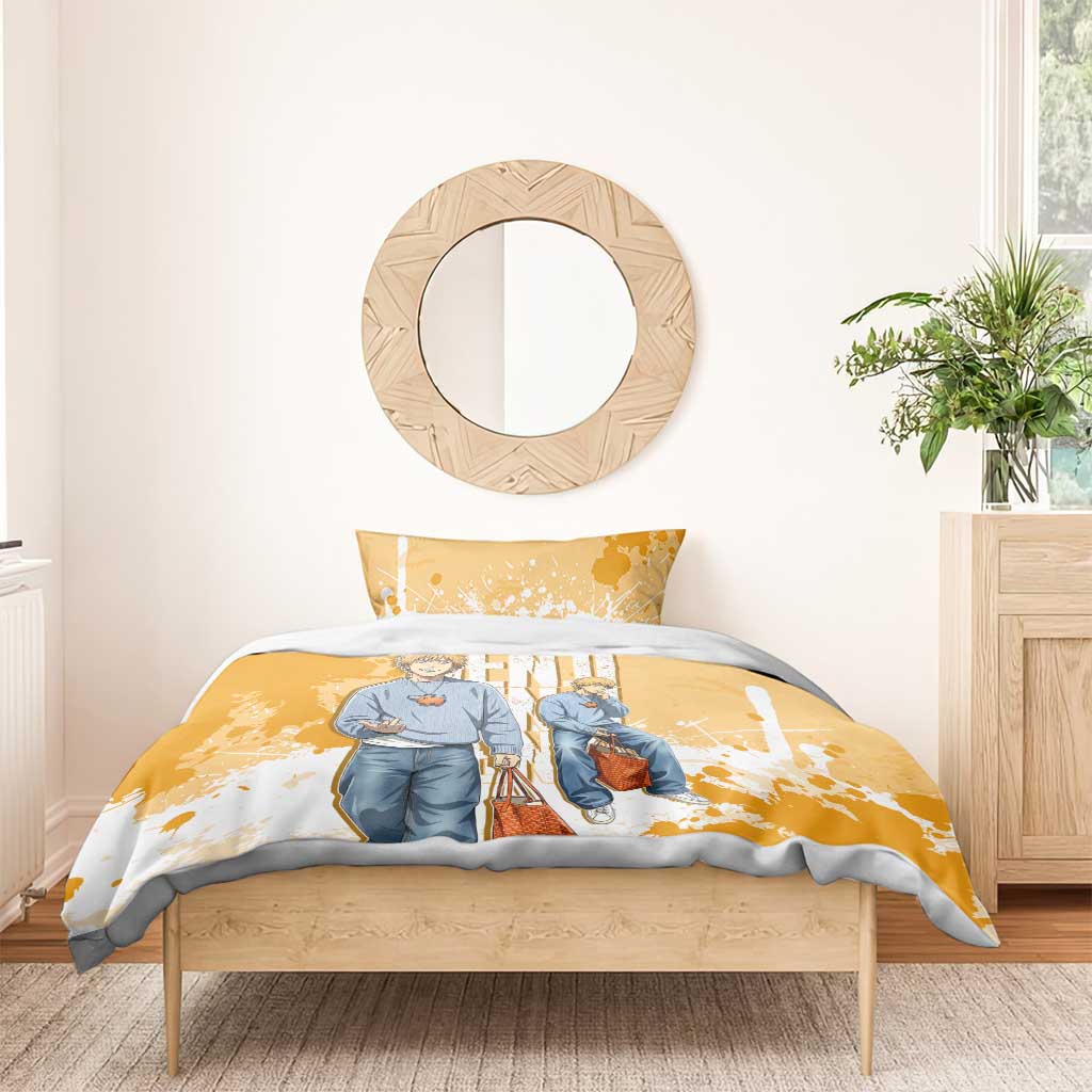 Denji Chainsaw Man Urban Drip Bedding Set Streetwear Anime Vibes in Orange Tones