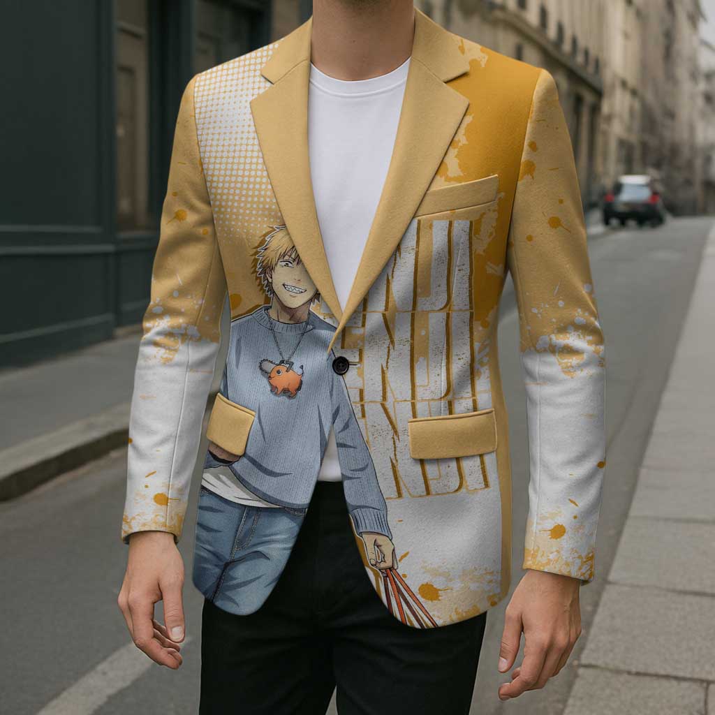 Denji Chainsaw Man Urban Drip Blazer Streetwear Anime Vibes in Orange Tones