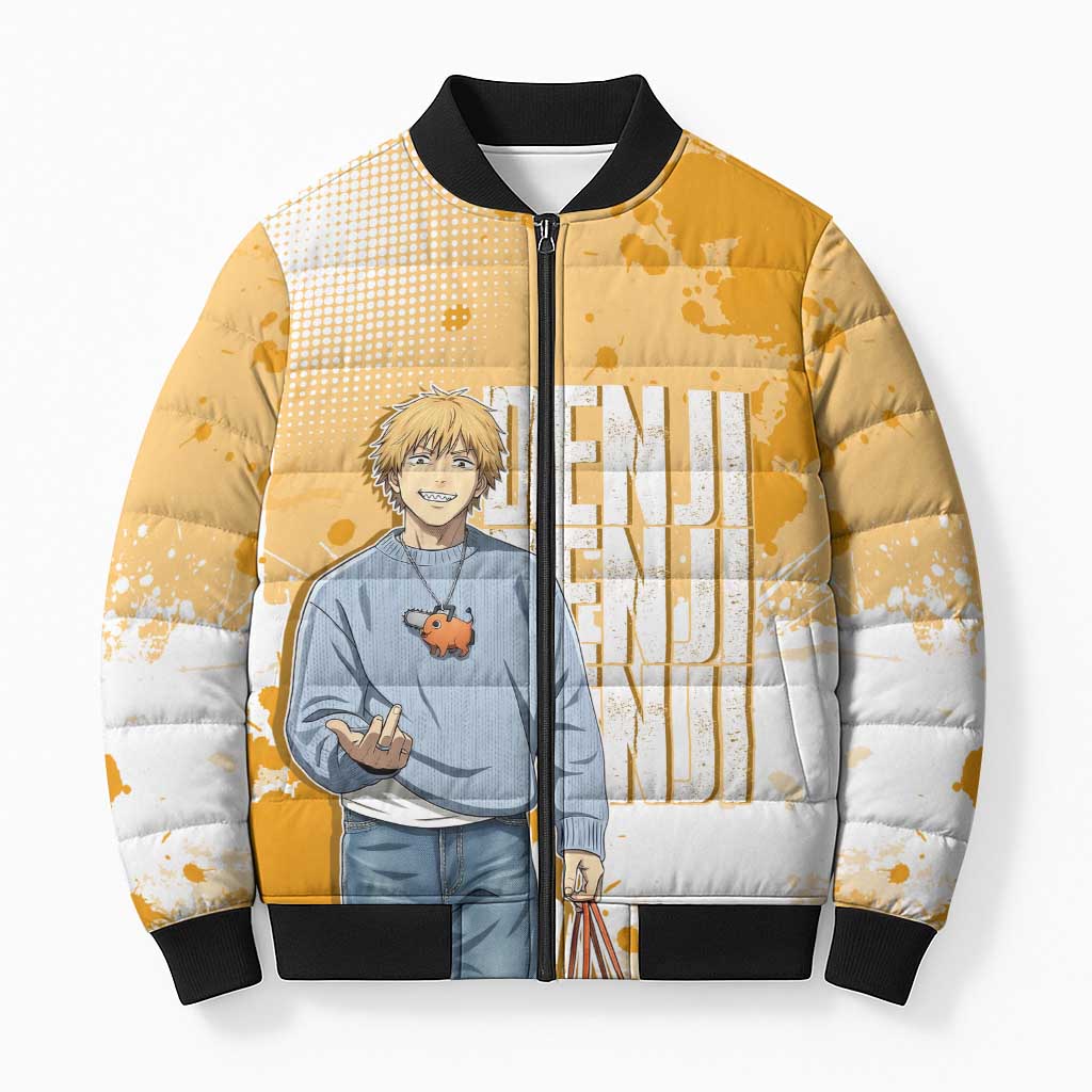Denji Chainsaw Man Urban Drip Bomber Puffer Jacket Streetwear Anime Vibes in Orange Tones