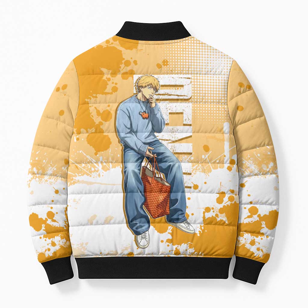 Denji Chainsaw Man Urban Drip Bomber Puffer Jacket Streetwear Anime Vibes in Orange Tones