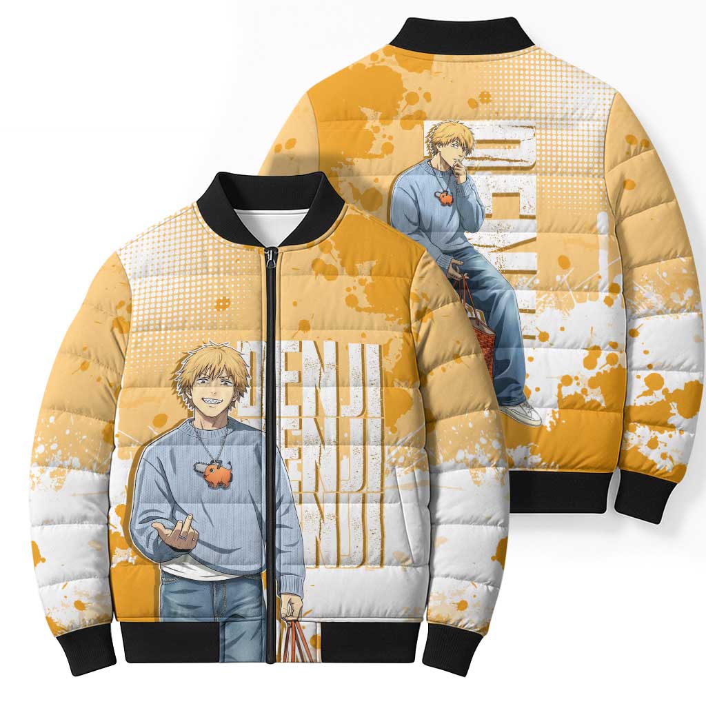 Denji Chainsaw Man Urban Drip Bomber Puffer Jacket Streetwear Anime Vibes in Orange Tones