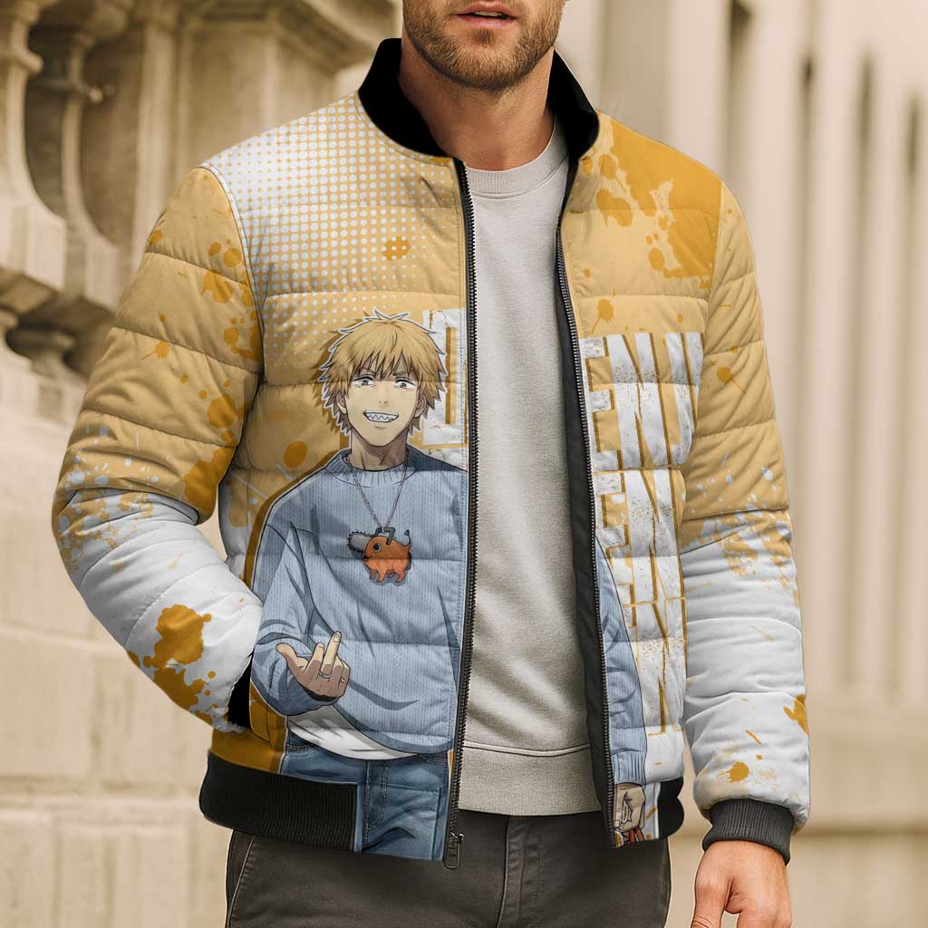 Denji Chainsaw Man Urban Drip Bomber Puffer Jacket Streetwear Anime Vibes in Orange Tones