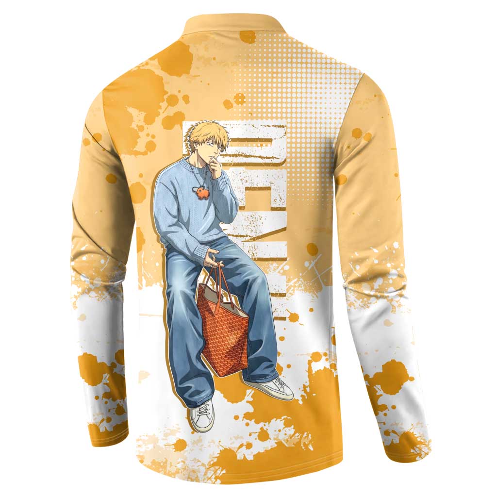 Denji Chainsaw Man Urban Drip Button Sweatshirt Streetwear Anime Vibes in Orange Tones