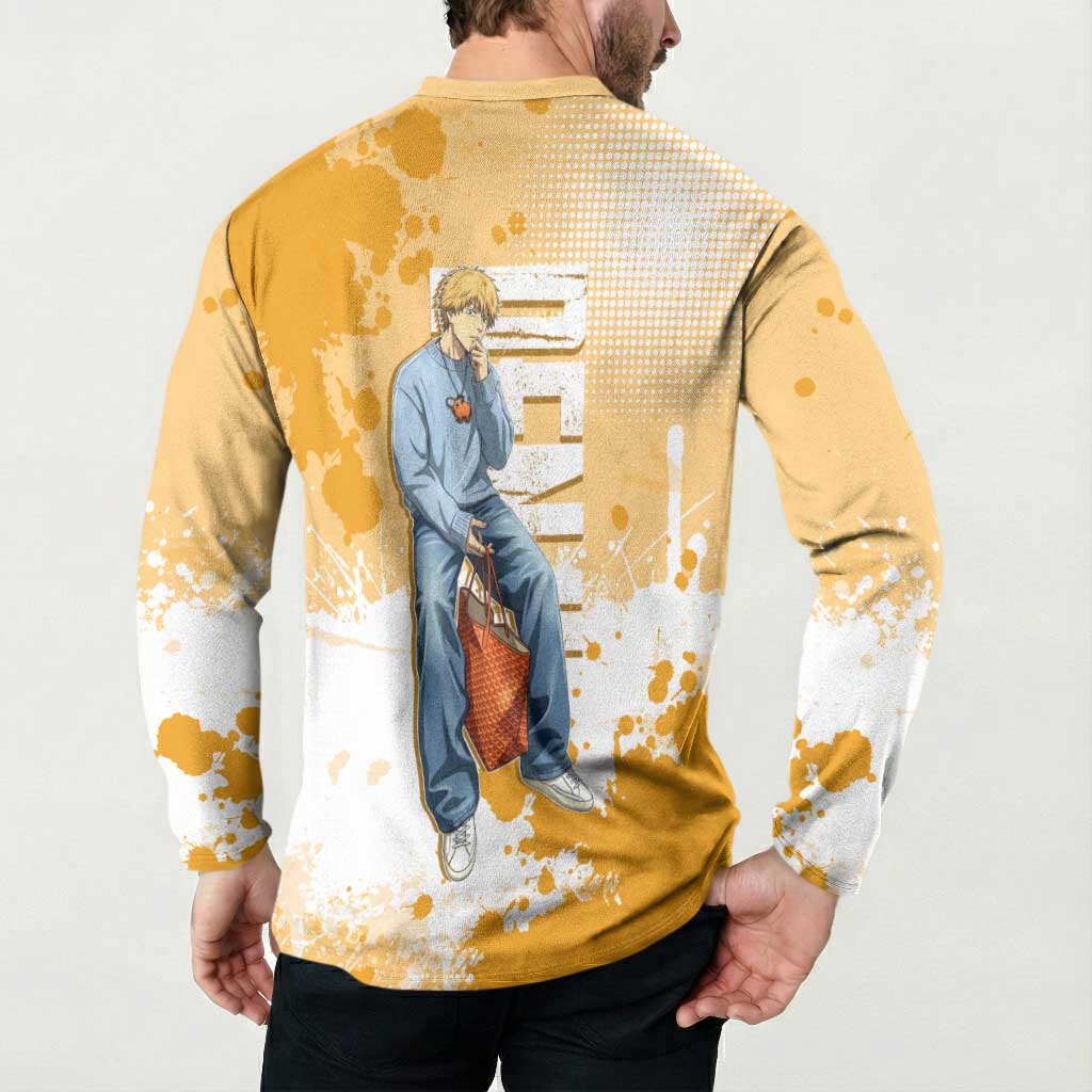 Denji Chainsaw Man Urban Drip Button Sweatshirt Streetwear Anime Vibes in Orange Tones