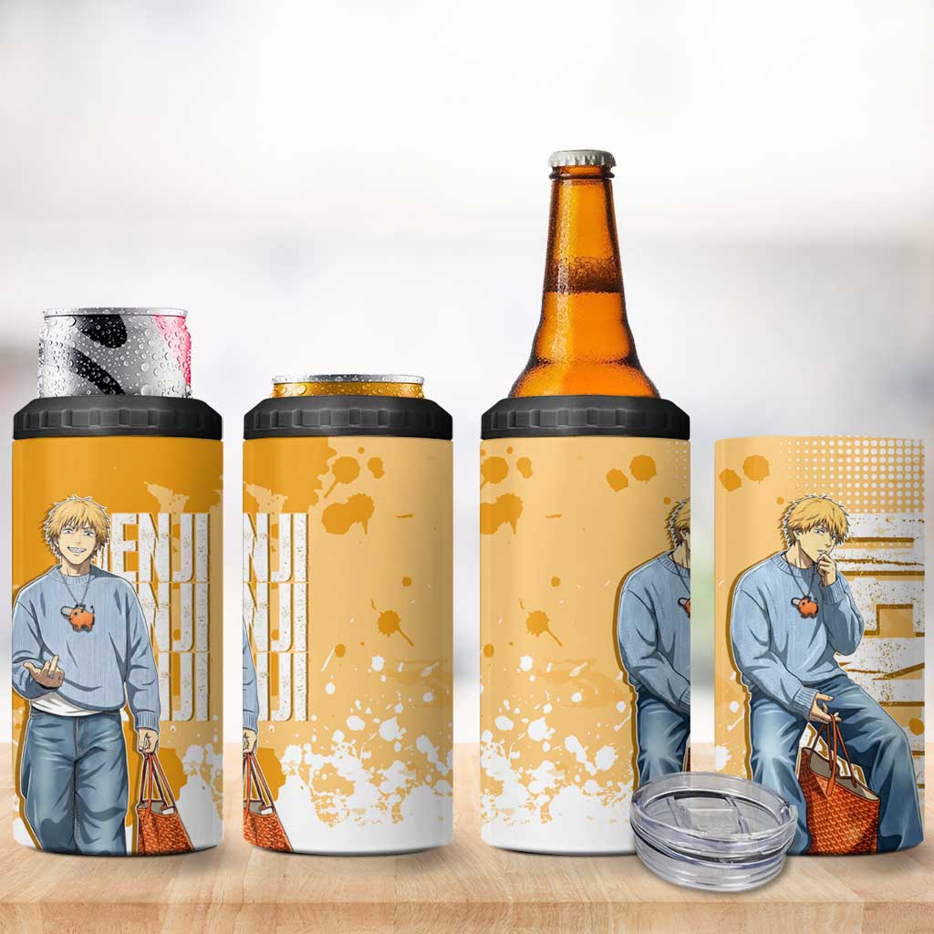 Denji Chainsaw Man Urban Drip 4 in 1 Can Cooler Tumbler Streetwear Anime Vibes in Orange Tones
