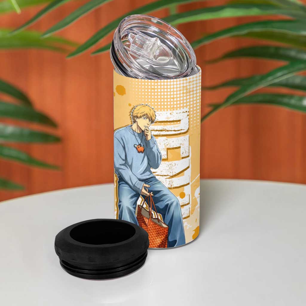 Denji Chainsaw Man Urban Drip 4 in 1 Can Cooler Tumbler Streetwear Anime Vibes in Orange Tones