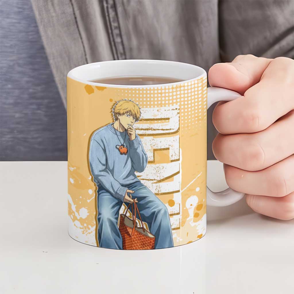 Denji Chainsaw Man Urban Drip Ceramic Mug Streetwear Anime Vibes in Orange Tones