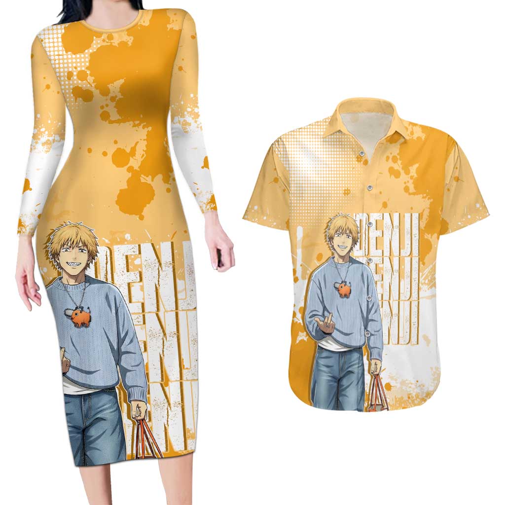 Denji Chainsaw Man Urban Drip Couples Matching Long Sleeve Bodycon Dress and Hawaiian Shirt Streetwear Anime Vibes in Orange Tones