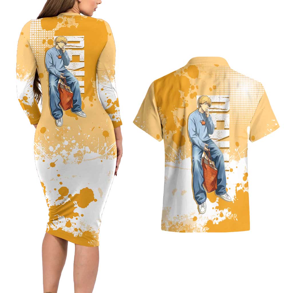 Denji Chainsaw Man Urban Drip Couples Matching Long Sleeve Bodycon Dress and Hawaiian Shirt Streetwear Anime Vibes in Orange Tones