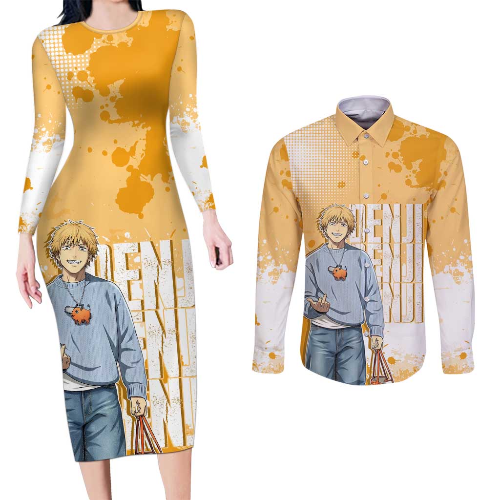 Denji Chainsaw Man Urban Drip Couples Matching Long Sleeve Bodycon Dress and Long Sleeve Button Shirt Streetwear Anime Vibes in Orange Tones
