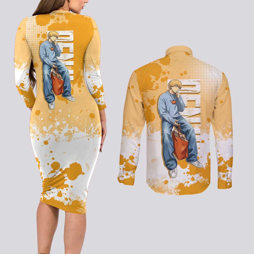 Denji Chainsaw Man Urban Drip Couples Matching Long Sleeve Bodycon Dress and Long Sleeve Button Shirt Streetwear Anime Vibes in Orange Tones