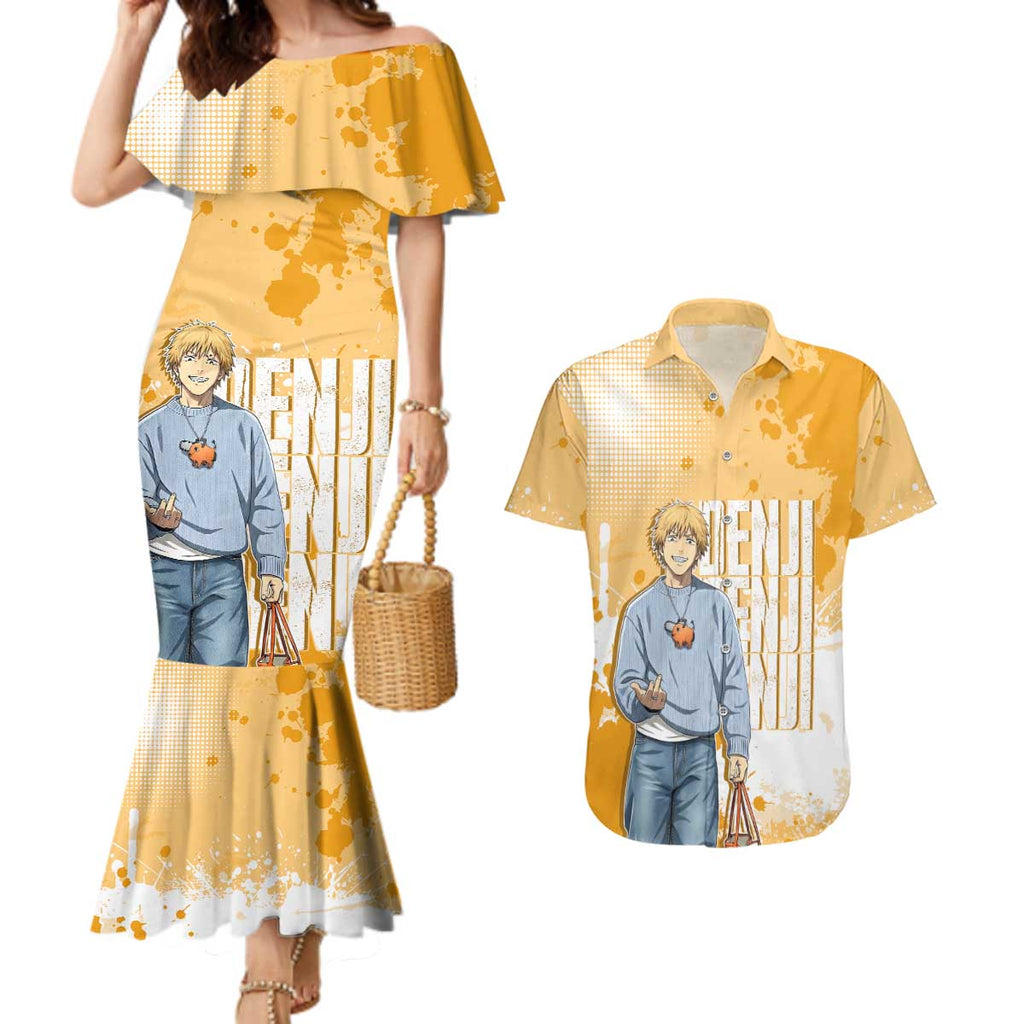 Denji Chainsaw Man Urban Drip Couples Matching Mermaid Dress and Hawaiian Shirt Streetwear Anime Vibes in Orange Tones
