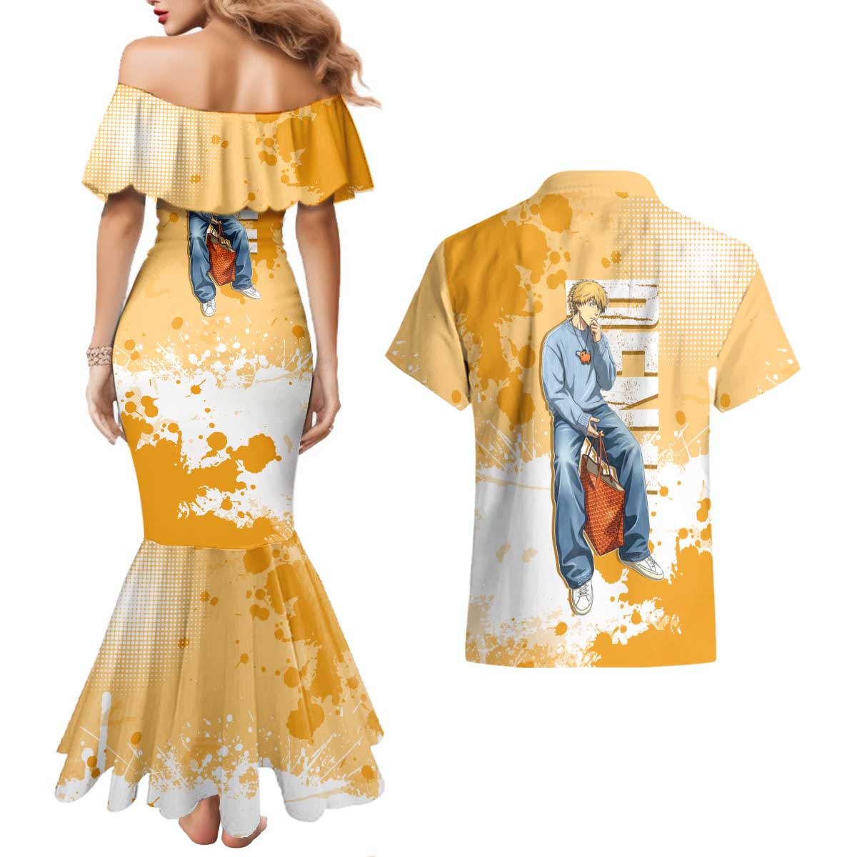 Denji Chainsaw Man Urban Drip Couples Matching Mermaid Dress and Hawaiian Shirt Streetwear Anime Vibes in Orange Tones