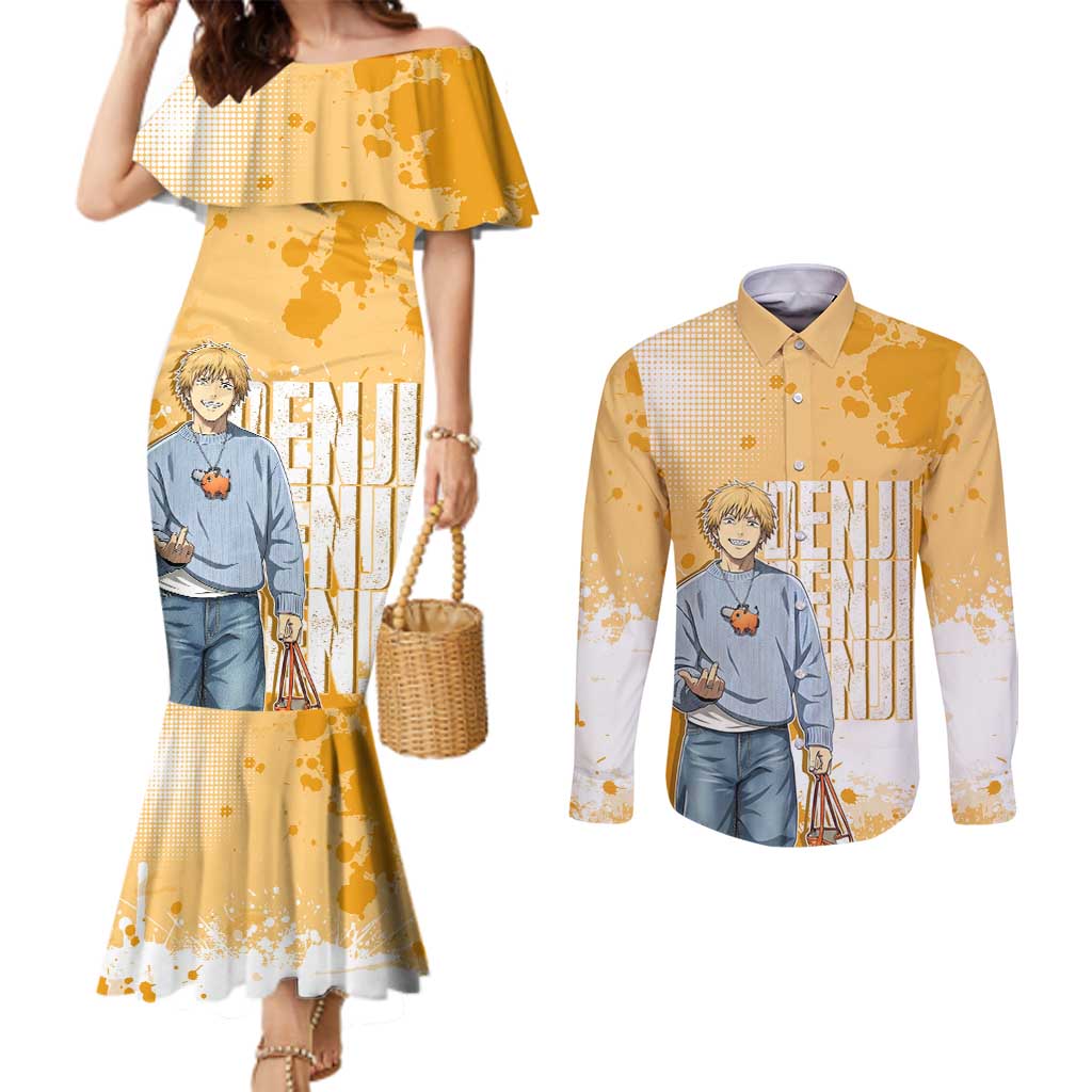 Denji Chainsaw Man Urban Drip Couples Matching Mermaid Dress and Long Sleeve Button Shirt Streetwear Anime Vibes in Orange Tones
