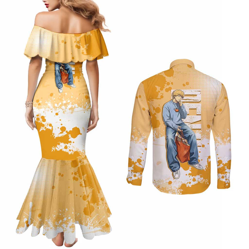 Denji Chainsaw Man Urban Drip Couples Matching Mermaid Dress and Long Sleeve Button Shirt Streetwear Anime Vibes in Orange Tones