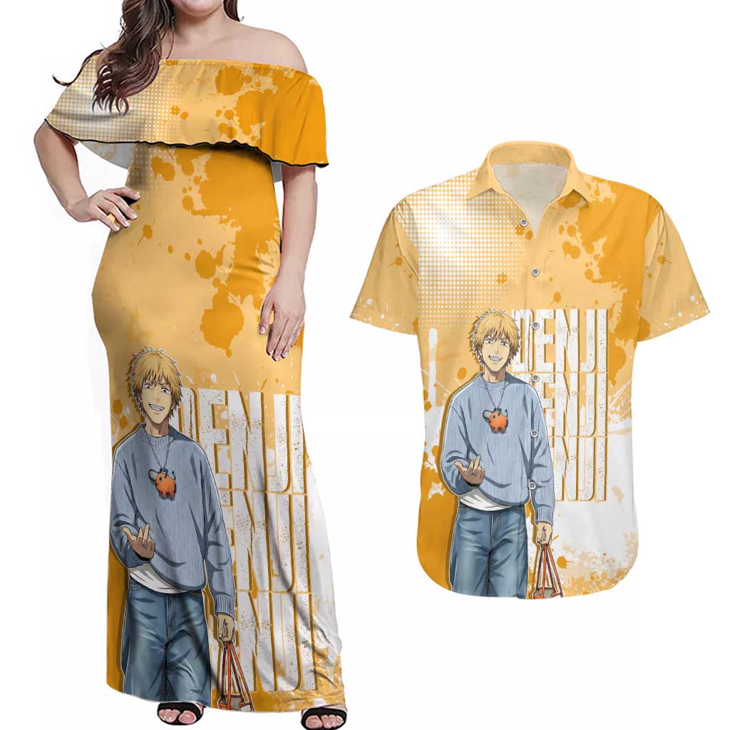 Denji Chainsaw Man Urban Drip Couples Matching Off Shoulder Maxi Dress and Hawaiian Shirt Streetwear Anime Vibes in Orange Tones
