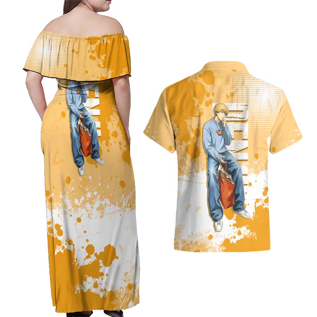 Denji Chainsaw Man Urban Drip Couples Matching Off Shoulder Maxi Dress and Hawaiian Shirt Streetwear Anime Vibes in Orange Tones