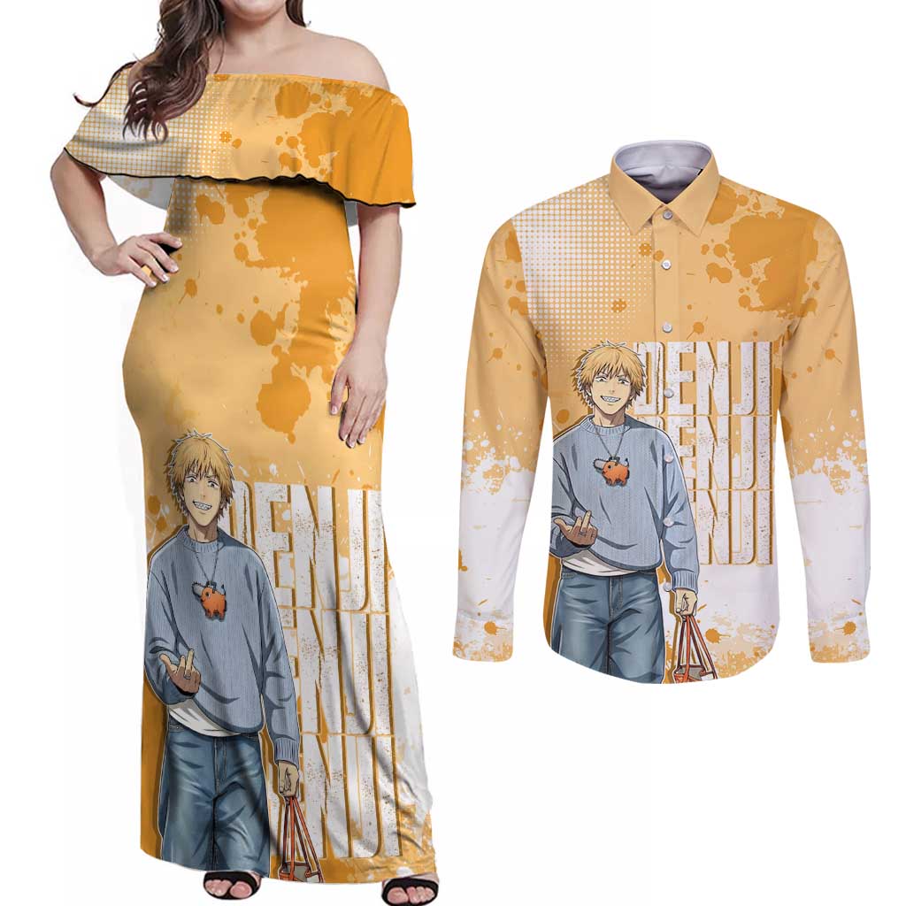 Denji Chainsaw Man Urban Drip Couples Matching Off Shoulder Maxi Dress and Long Sleeve Button Shirt Streetwear Anime Vibes in Orange Tones