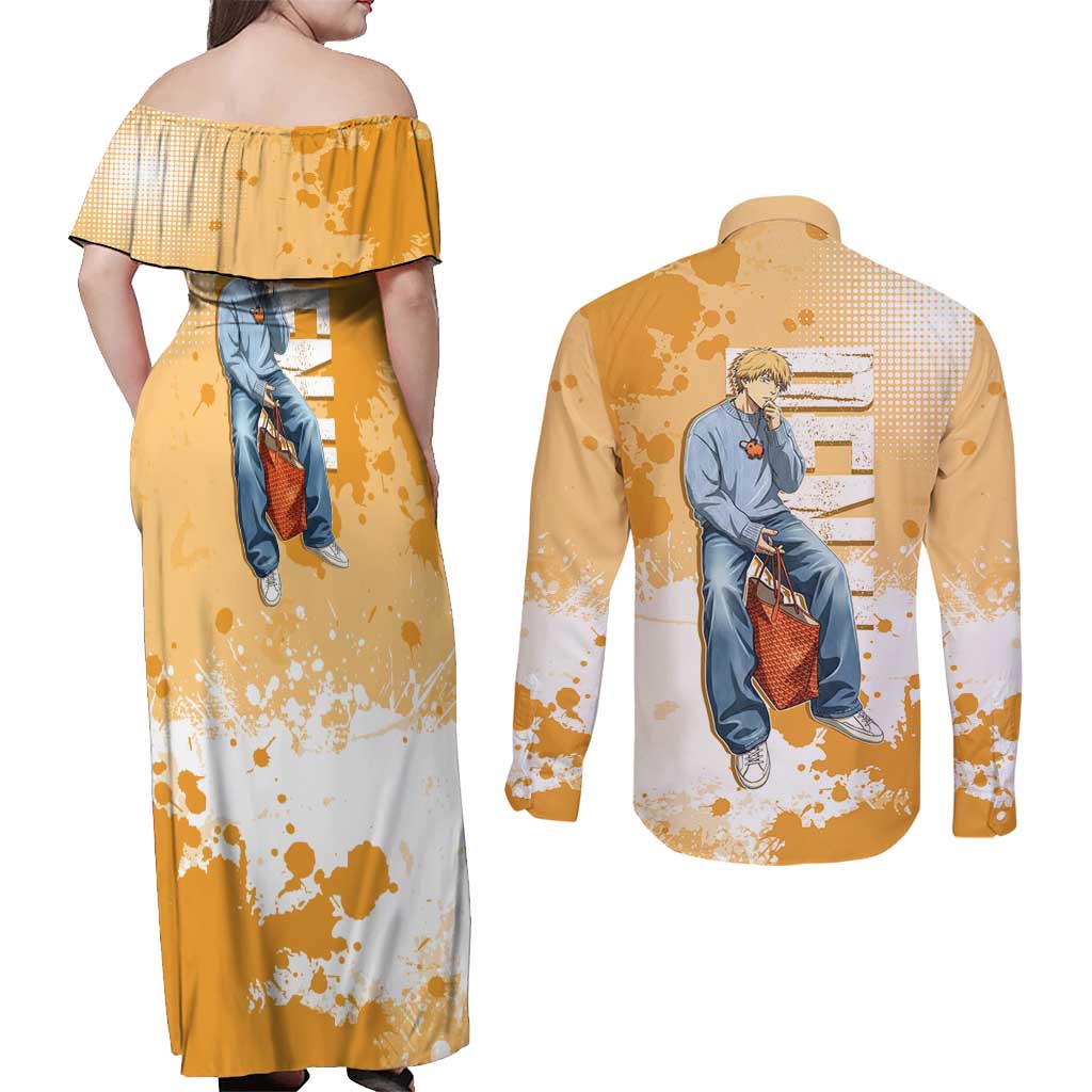 Denji Chainsaw Man Urban Drip Couples Matching Off Shoulder Maxi Dress and Long Sleeve Button Shirt Streetwear Anime Vibes in Orange Tones