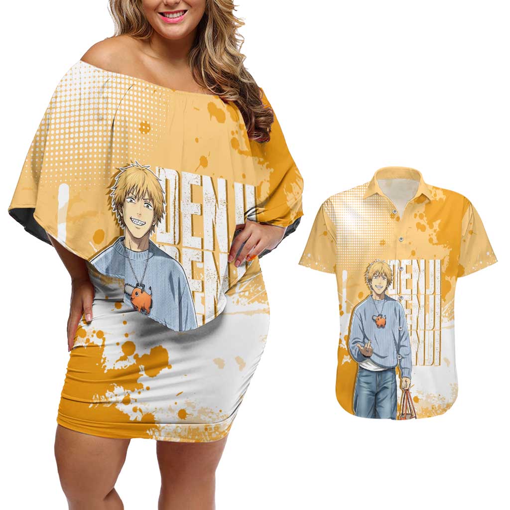 Denji Chainsaw Man Urban Drip Couples Matching Off Shoulder Short Dress and Hawaiian Shirt Streetwear Anime Vibes in Orange Tones