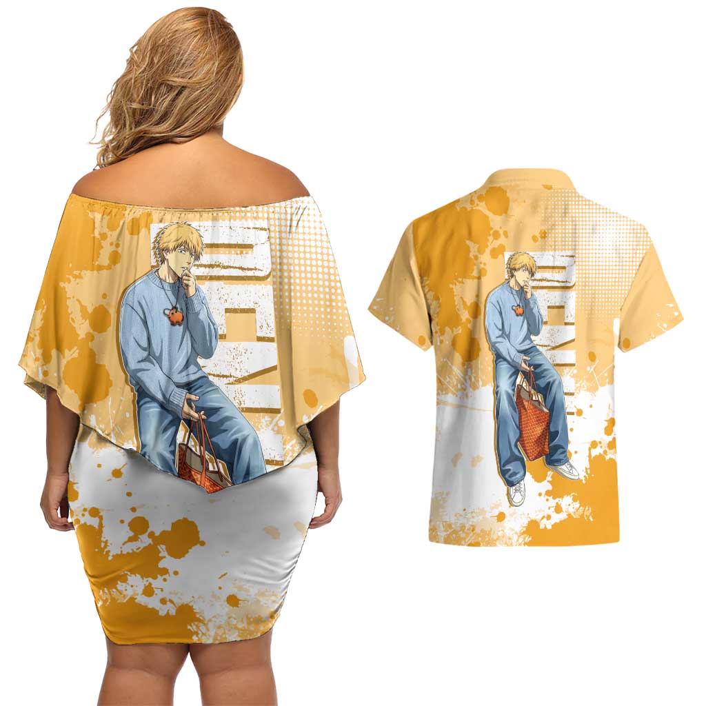 Denji Chainsaw Man Urban Drip Couples Matching Off Shoulder Short Dress and Hawaiian Shirt Streetwear Anime Vibes in Orange Tones
