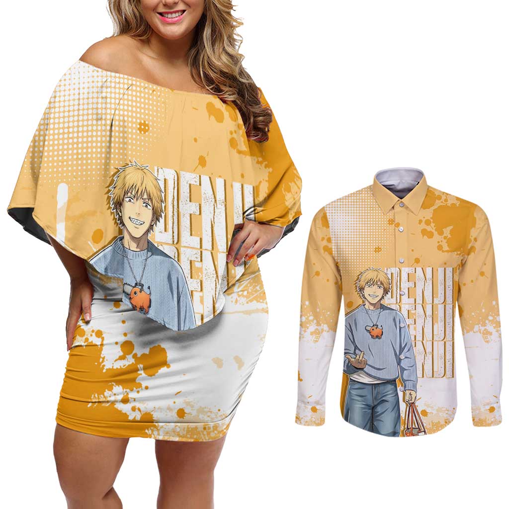 Denji Chainsaw Man Urban Drip Couples Matching Off Shoulder Short Dress and Long Sleeve Button Shirt Streetwear Anime Vibes in Orange Tones