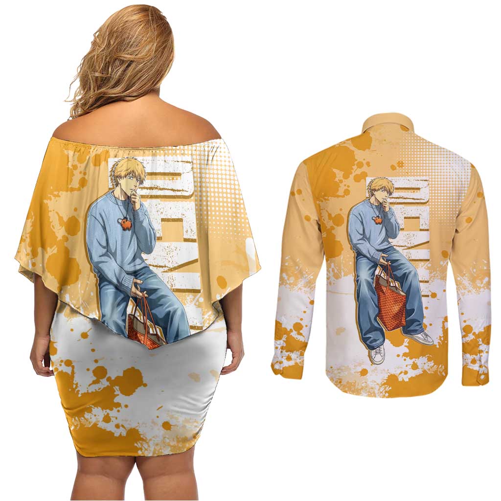 Denji Chainsaw Man Urban Drip Couples Matching Off Shoulder Short Dress and Long Sleeve Button Shirt Streetwear Anime Vibes in Orange Tones