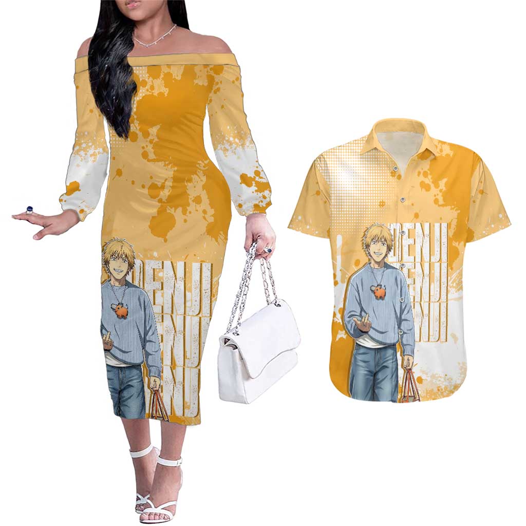 Denji Chainsaw Man Urban Drip Couples Matching Off The Shoulder Long Sleeve Dress and Hawaiian Shirt Streetwear Anime Vibes in Orange Tones