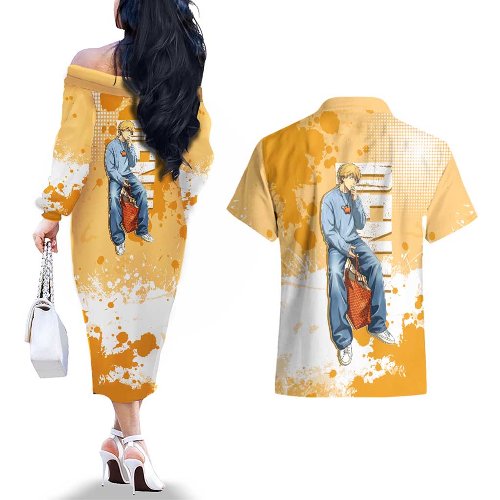 Denji Chainsaw Man Urban Drip Couples Matching Off The Shoulder Long Sleeve Dress and Hawaiian Shirt Streetwear Anime Vibes in Orange Tones