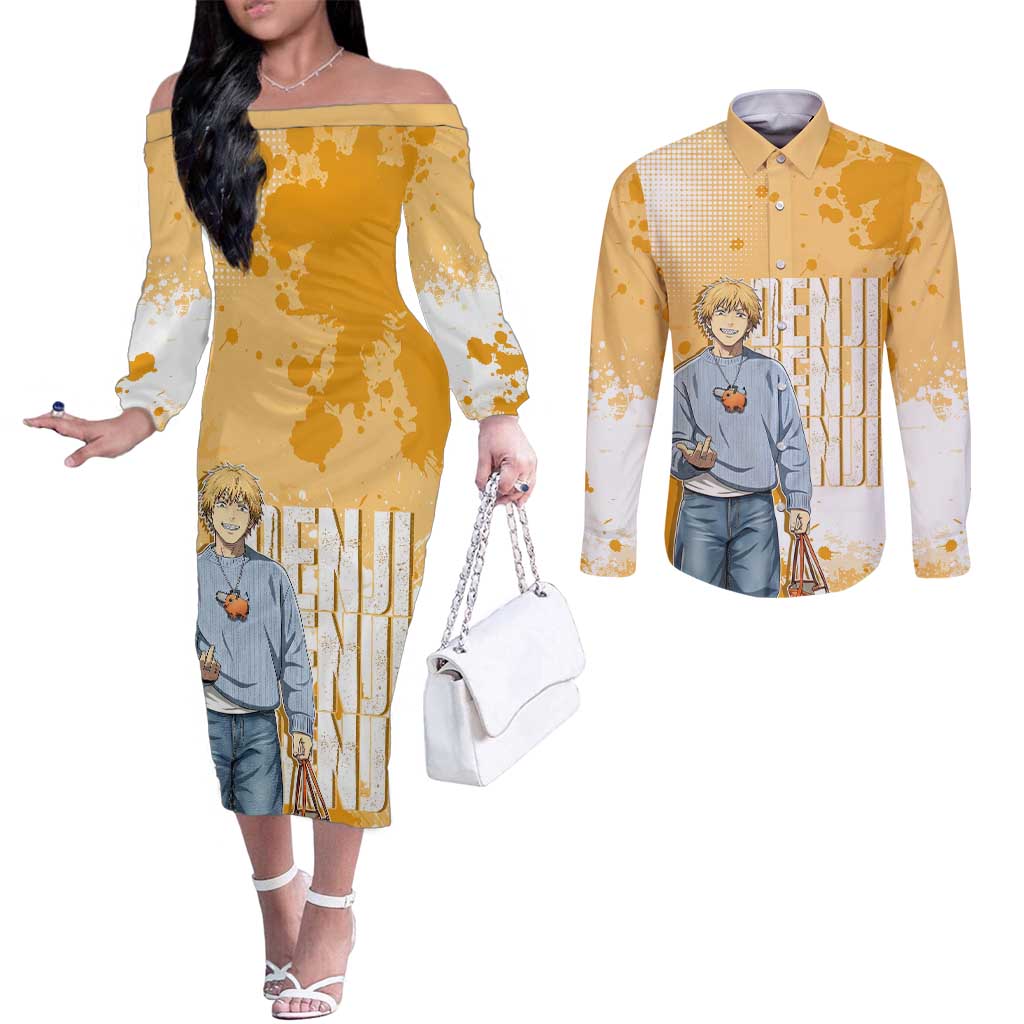 Denji Chainsaw Man Urban Drip Couples Matching Off The Shoulder Long Sleeve Dress and Long Sleeve Button Shirt Streetwear Anime Vibes in Orange Tones