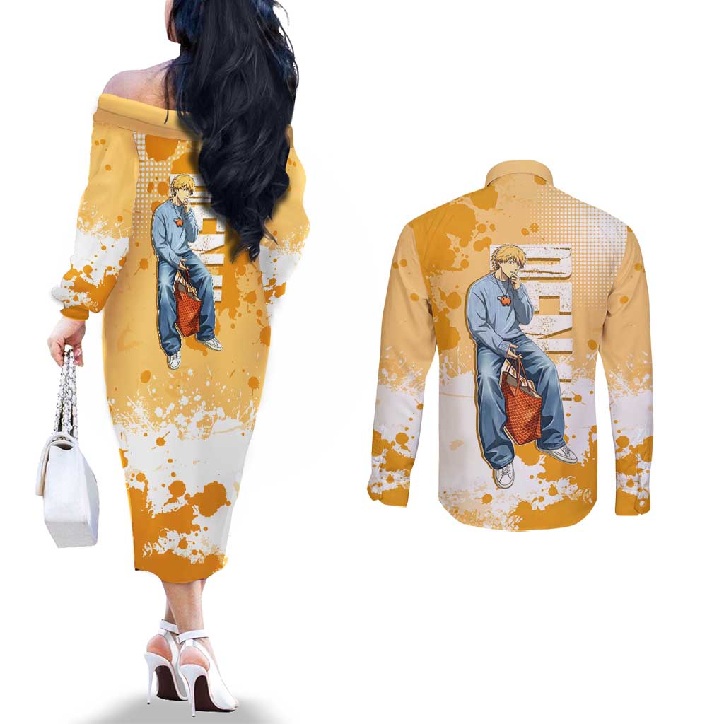 Denji Chainsaw Man Urban Drip Couples Matching Off The Shoulder Long Sleeve Dress and Long Sleeve Button Shirt Streetwear Anime Vibes in Orange Tones