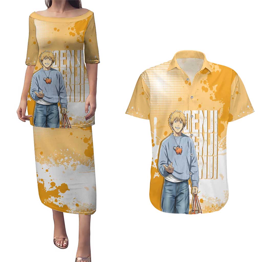 Denji Chainsaw Man Urban Drip Couples Matching Puletasi and Hawaiian Shirt Streetwear Anime Vibes in Orange Tones