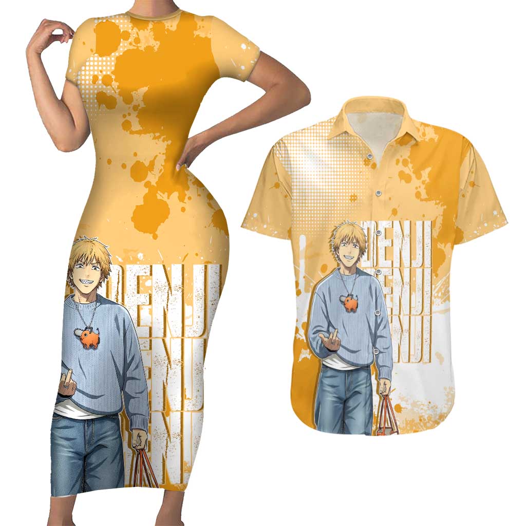 Denji Chainsaw Man Urban Drip Couples Matching Short Sleeve Bodycon Dress and Hawaiian Shirt Streetwear Anime Vibes in Orange Tones