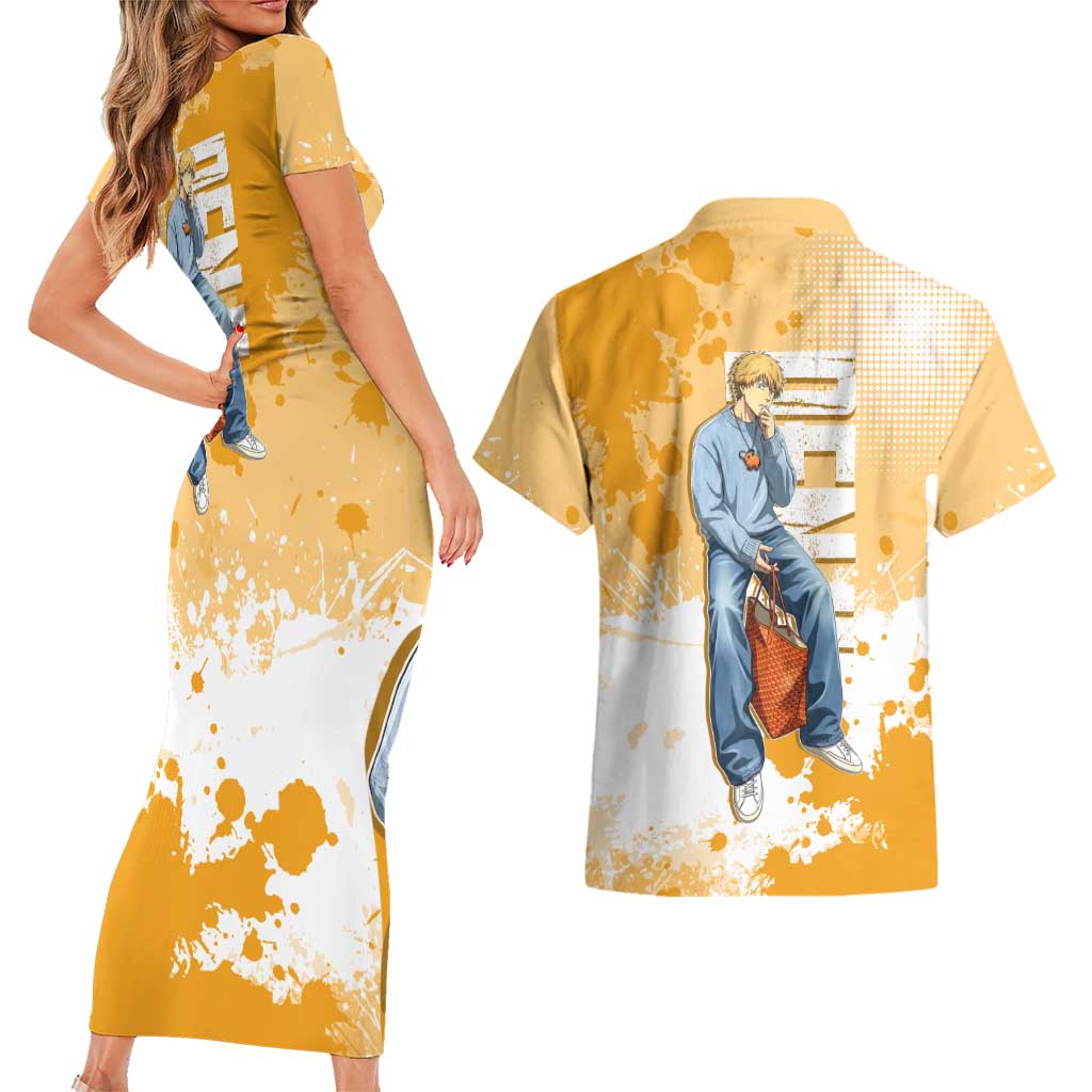 Denji Chainsaw Man Urban Drip Couples Matching Short Sleeve Bodycon Dress and Hawaiian Shirt Streetwear Anime Vibes in Orange Tones