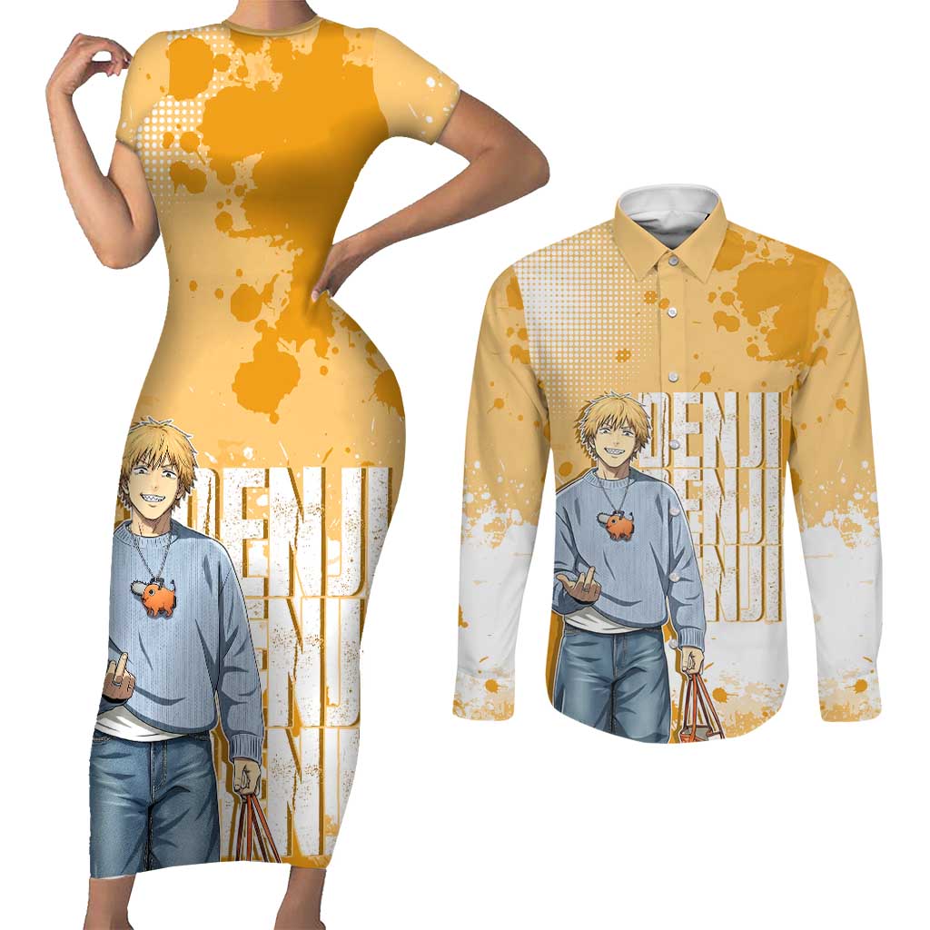 Denji Chainsaw Man Urban Drip Couples Matching Short Sleeve Bodycon Dress and Long Sleeve Button Shirt Streetwear Anime Vibes in Orange Tones