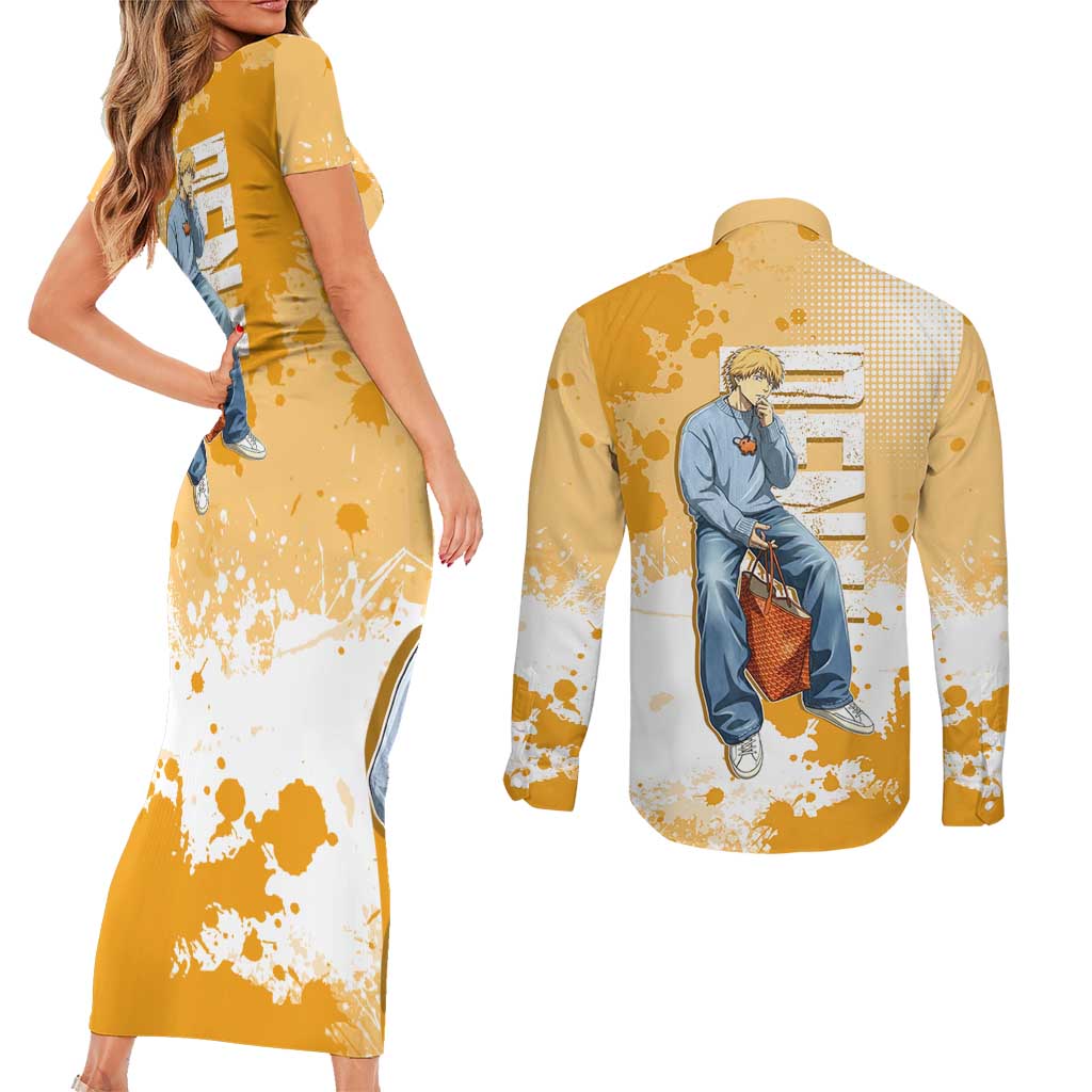 Denji Chainsaw Man Urban Drip Couples Matching Short Sleeve Bodycon Dress and Long Sleeve Button Shirt Streetwear Anime Vibes in Orange Tones