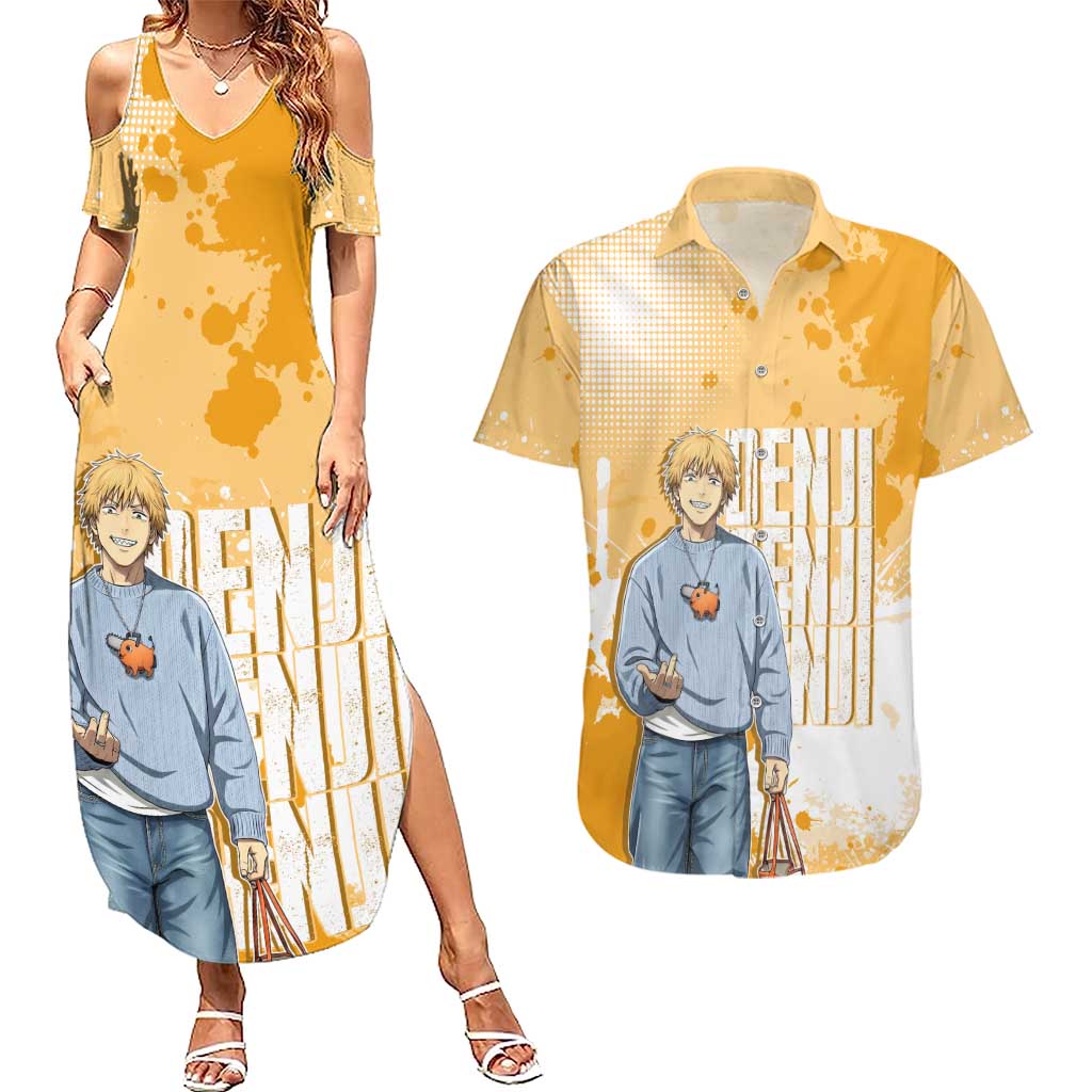 Denji Chainsaw Man Urban Drip Couples Matching Summer Maxi Dress and Hawaiian Shirt Streetwear Anime Vibes in Orange Tones