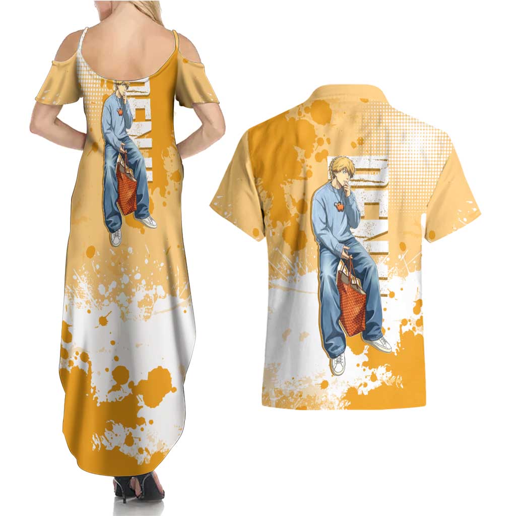 Denji Chainsaw Man Urban Drip Couples Matching Summer Maxi Dress and Hawaiian Shirt Streetwear Anime Vibes in Orange Tones