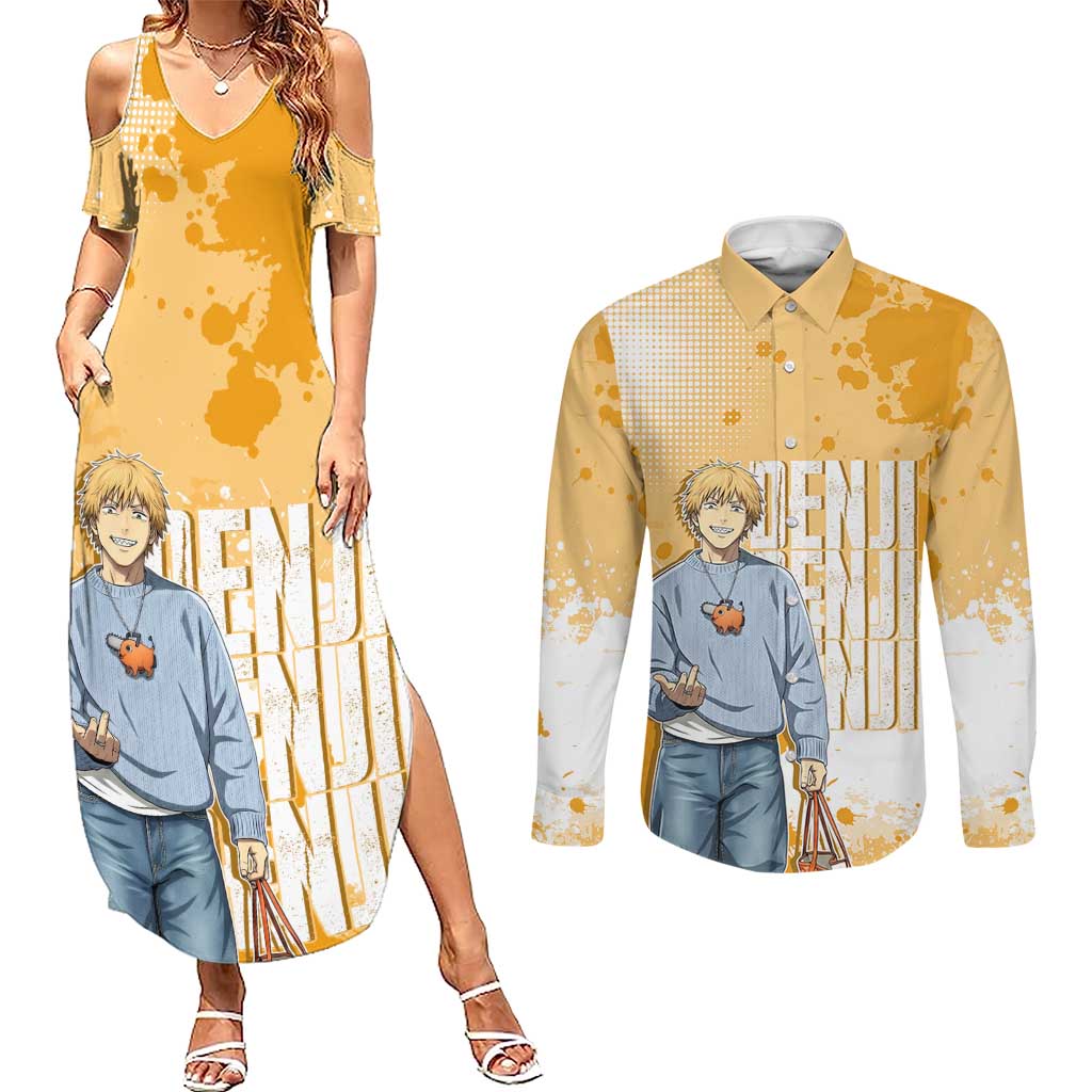 Denji Chainsaw Man Urban Drip Couples Matching Summer Maxi Dress and Long Sleeve Button Shirt Streetwear Anime Vibes in Orange Tones