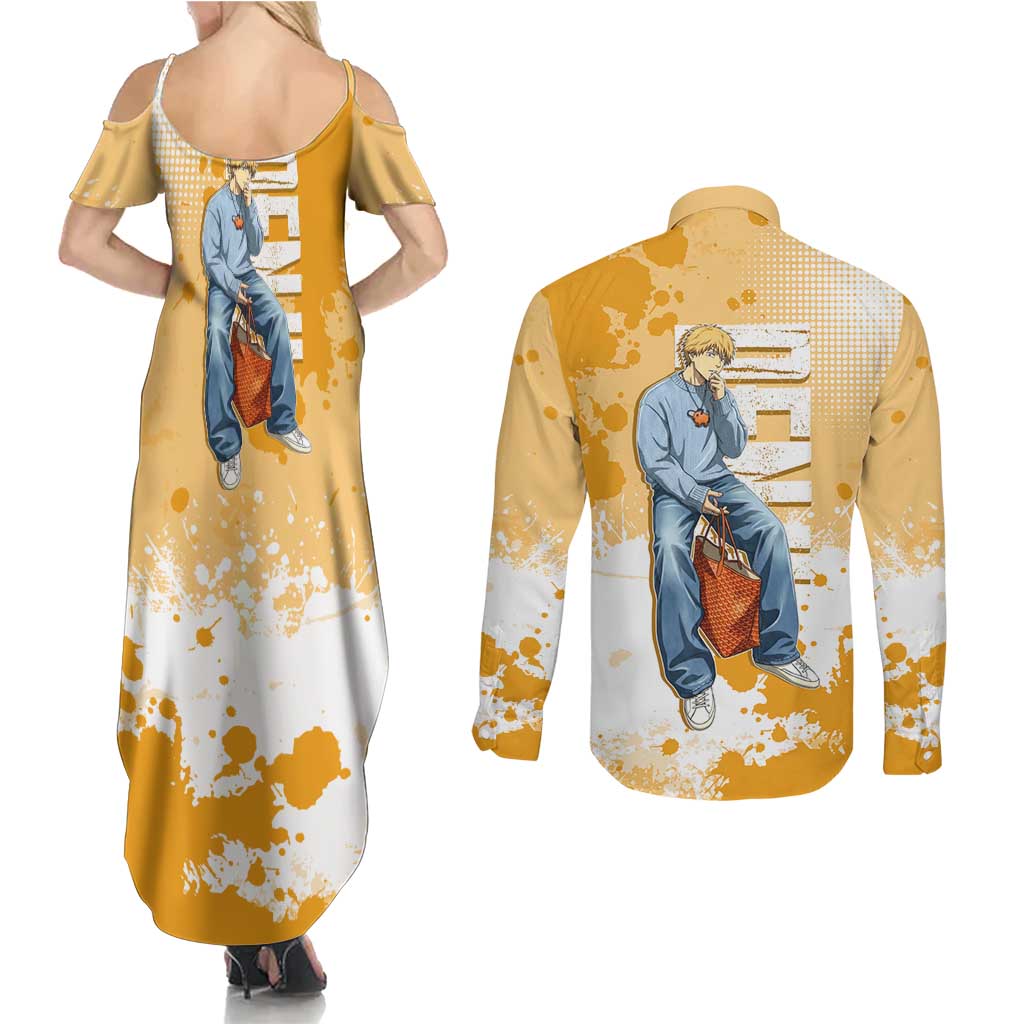 Denji Chainsaw Man Urban Drip Couples Matching Summer Maxi Dress and Long Sleeve Button Shirt Streetwear Anime Vibes in Orange Tones