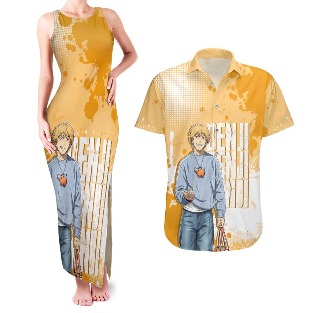 Denji Chainsaw Man Urban Drip Couples Matching Tank Maxi Dress and Hawaiian Shirt Streetwear Anime Vibes in Orange Tones