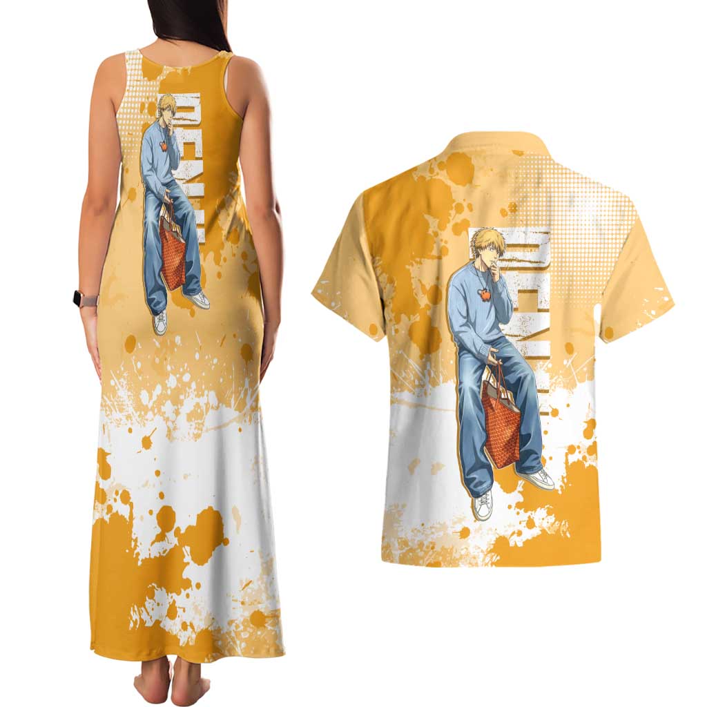 Denji Chainsaw Man Urban Drip Couples Matching Tank Maxi Dress and Hawaiian Shirt Streetwear Anime Vibes in Orange Tones