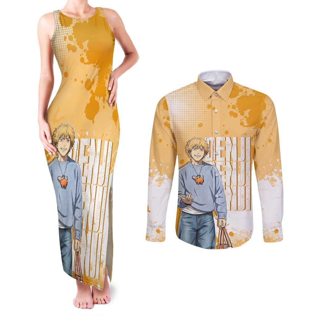 Denji Chainsaw Man Urban Drip Couples Matching Tank Maxi Dress and Long Sleeve Button Shirt Streetwear Anime Vibes in Orange Tones