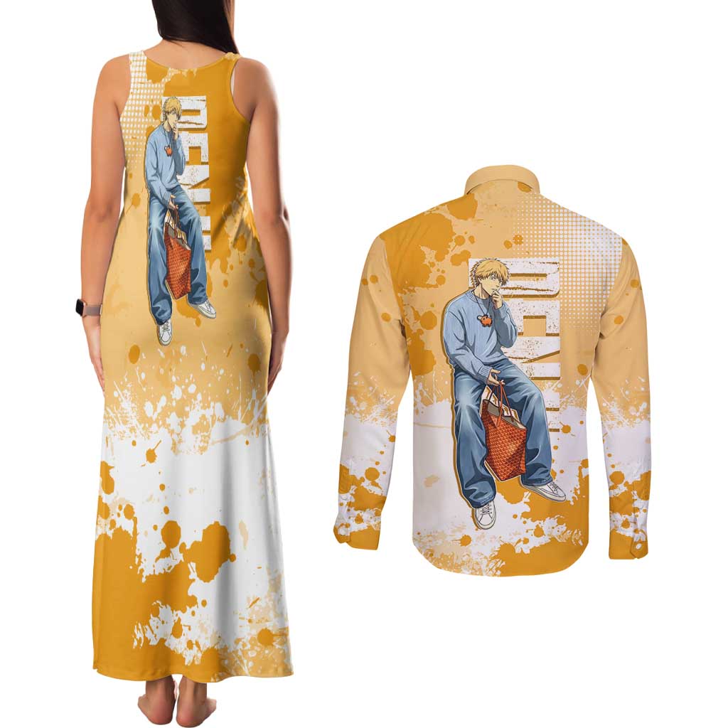Denji Chainsaw Man Urban Drip Couples Matching Tank Maxi Dress and Long Sleeve Button Shirt Streetwear Anime Vibes in Orange Tones