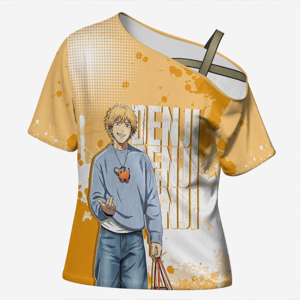 Denji Chainsaw Man Urban Drip Cross Shoulder Shirt Streetwear Anime Vibes in Orange Tones