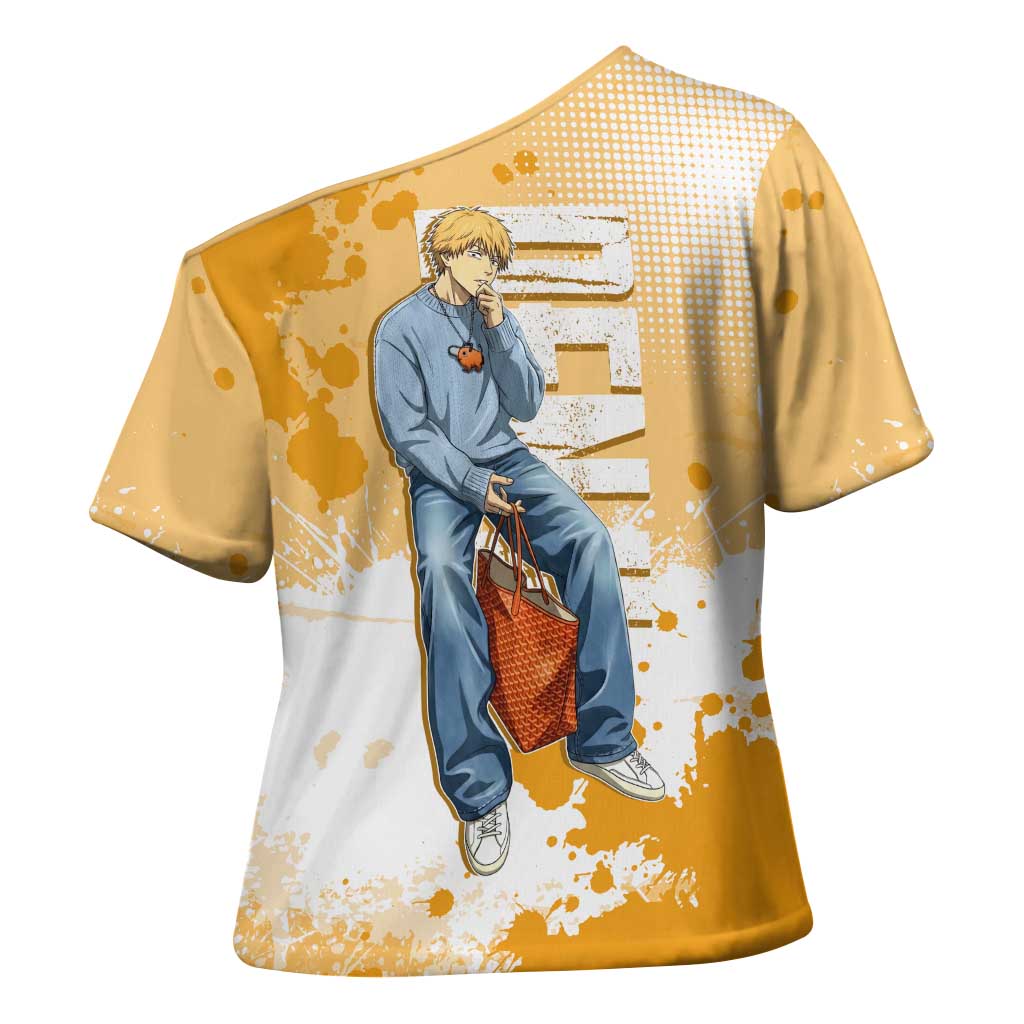 Denji Chainsaw Man Urban Drip Cross Shoulder Shirt Streetwear Anime Vibes in Orange Tones