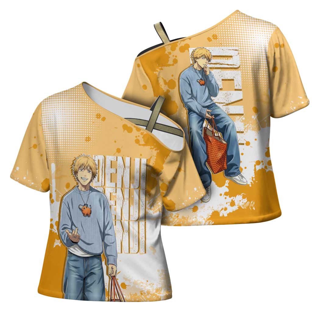 Denji Chainsaw Man Urban Drip Cross Shoulder Shirt Streetwear Anime Vibes in Orange Tones