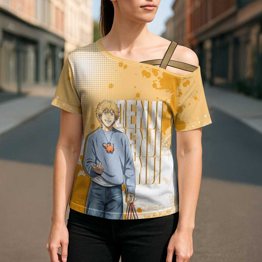 Denji Chainsaw Man Urban Drip Cross Shoulder Shirt Streetwear Anime Vibes in Orange Tones