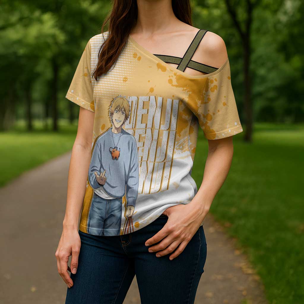 Denji Chainsaw Man Urban Drip Cross Shoulder Shirt Streetwear Anime Vibes in Orange Tones